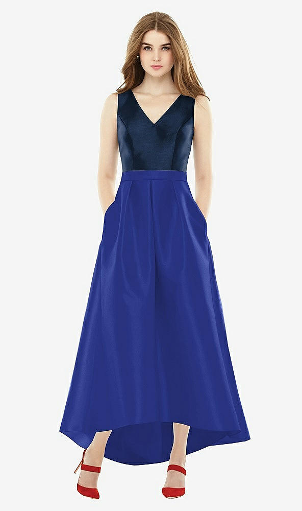 Front View - Cobalt Blue & Midnight Navy Sleeveless Pleated Skirt High Low Dress with Pockets