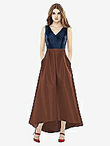 Front View Thumbnail - Cognac & Midnight Navy Sleeveless Pleated Skirt High Low Dress with Pockets