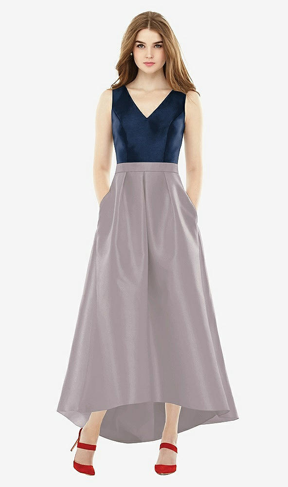 Front View - Cashmere Gray & Midnight Navy Sleeveless Pleated Skirt High Low Dress with Pockets