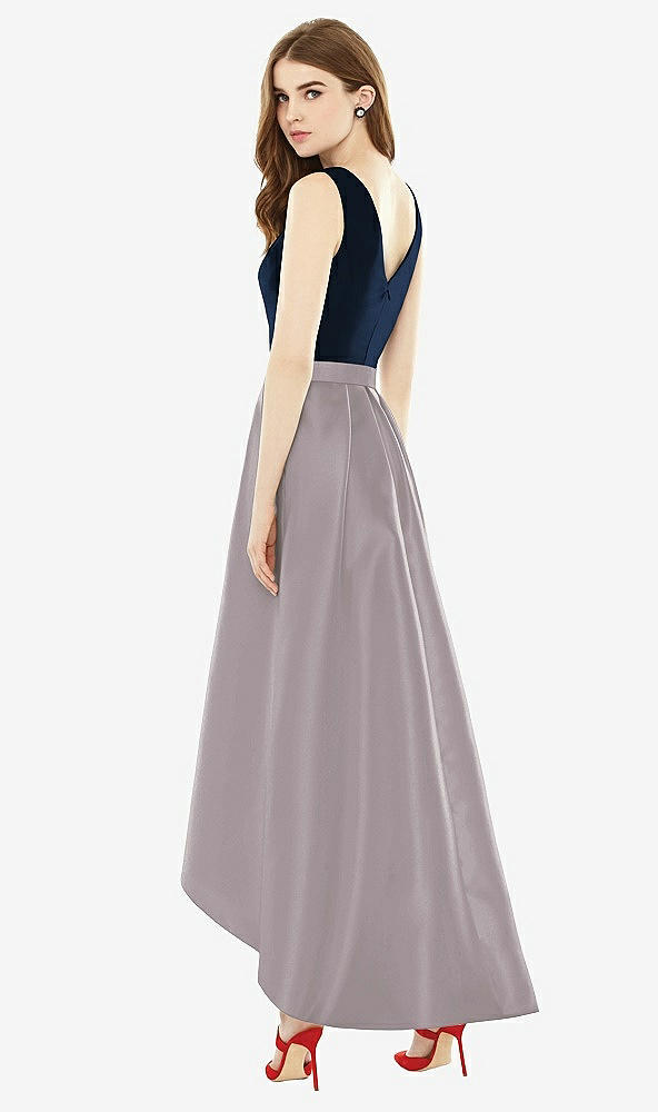 Back View - Cashmere Gray & Midnight Navy Sleeveless Pleated Skirt High Low Dress with Pockets