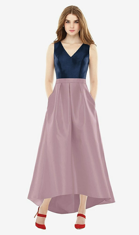 Front View - Dusty Rose & Midnight Navy Sleeveless Pleated Skirt High Low Dress with Pockets