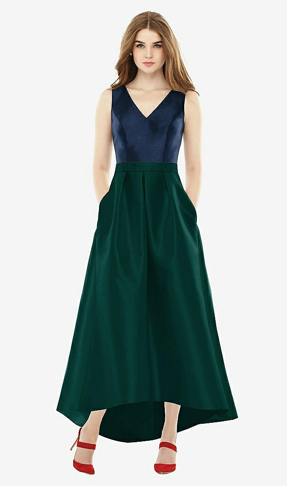 Front View - Evergreen & Midnight Navy Sleeveless Pleated Skirt High Low Dress with Pockets