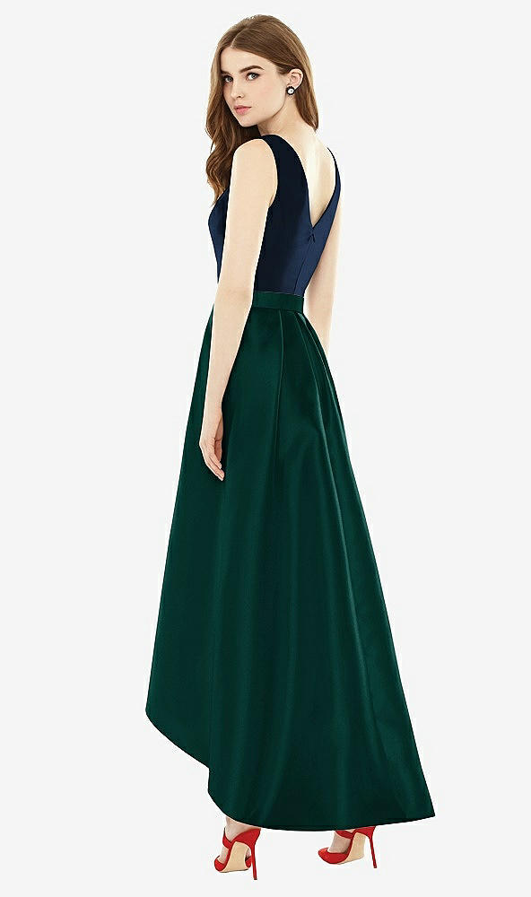 Back View - Evergreen & Midnight Navy Sleeveless Pleated Skirt High Low Dress with Pockets