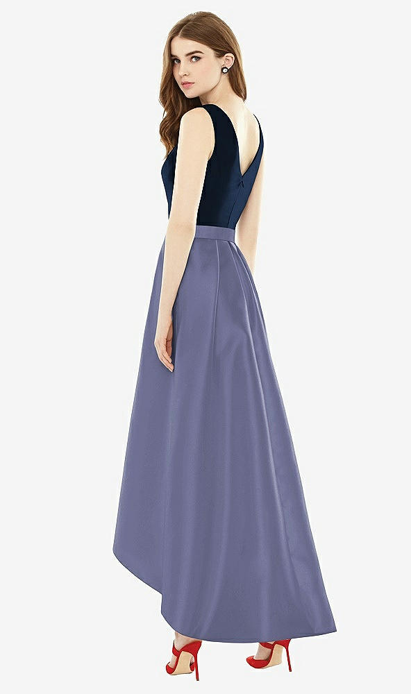 Back View - French Blue & Midnight Navy Sleeveless Pleated Skirt High Low Dress with Pockets