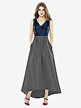 Front View Thumbnail - Gunmetal & Midnight Navy Sleeveless Pleated Skirt High Low Dress with Pockets