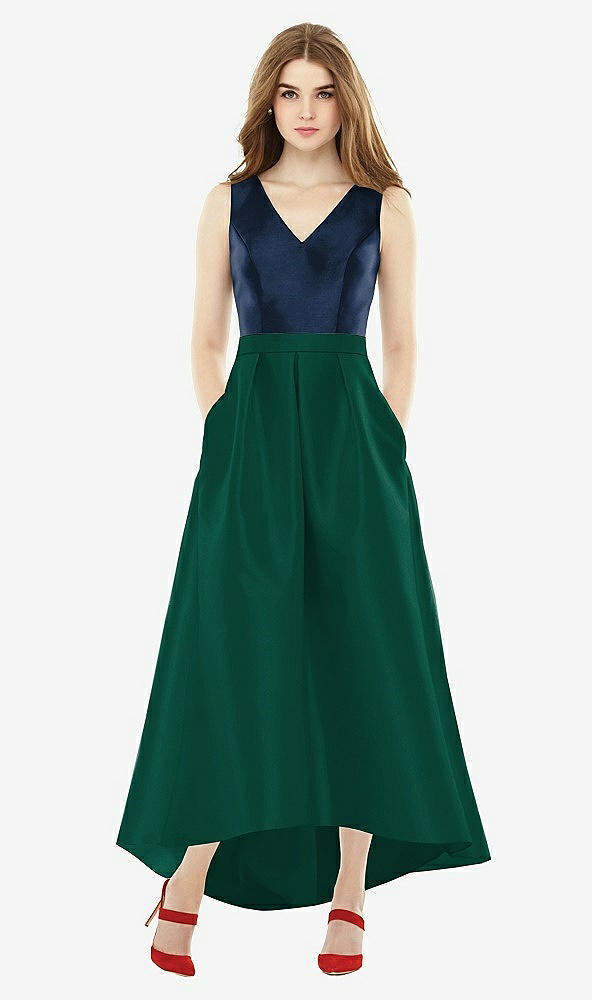 Front View - Hunter Green & Midnight Navy Sleeveless Pleated Skirt High Low Dress with Pockets