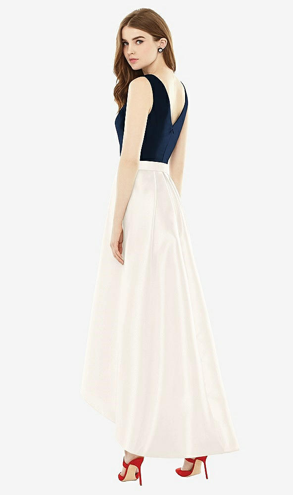 Back View - Ivory & Midnight Navy Sleeveless Pleated Skirt High Low Dress with Pockets