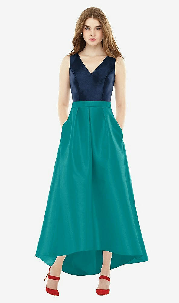 Front View - Jade & Midnight Navy Sleeveless Pleated Skirt High Low Dress with Pockets