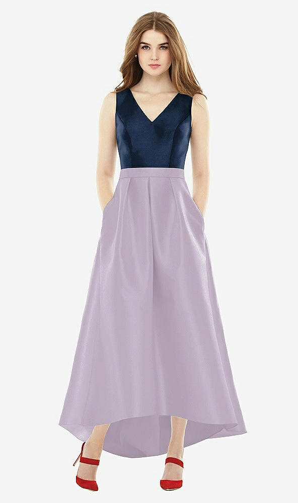 Front View - Lilac Haze & Midnight Navy Sleeveless Pleated Skirt High Low Dress with Pockets