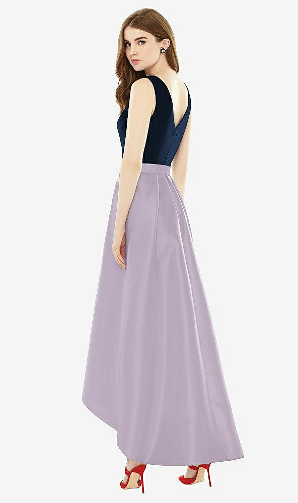 Back View - Lilac Haze & Midnight Navy Sleeveless Pleated Skirt High Low Dress with Pockets