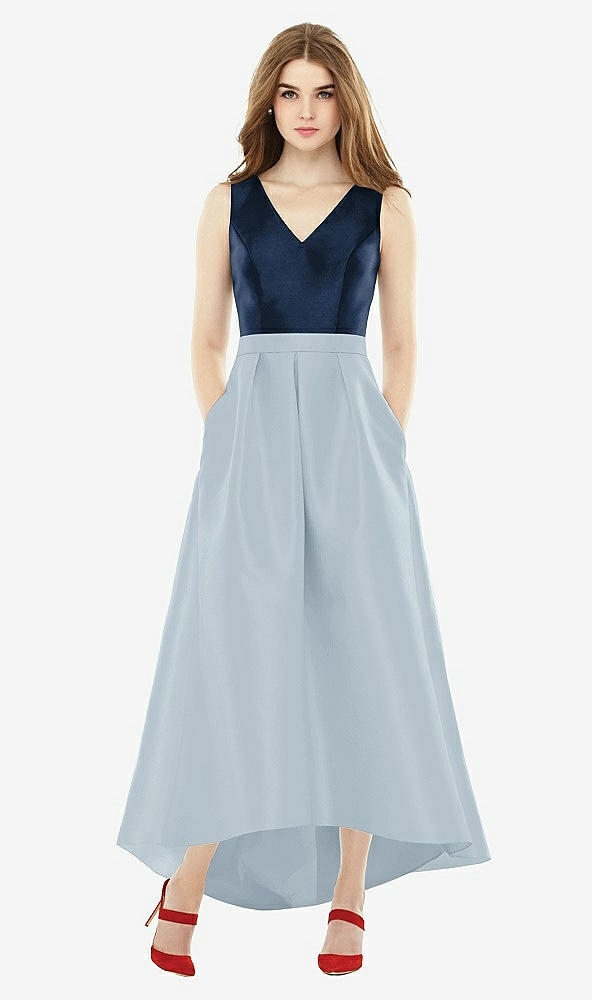 Front View - Mist & Midnight Navy Sleeveless Pleated Skirt High Low Dress with Pockets