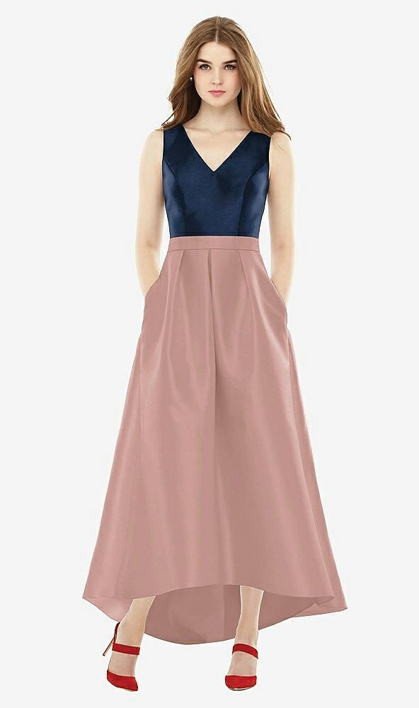 Front View - Neu Nude & Midnight Navy Sleeveless Pleated Skirt High Low Dress with Pockets