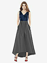Front View Thumbnail - Pewter & Midnight Navy Sleeveless Pleated Skirt High Low Dress with Pockets