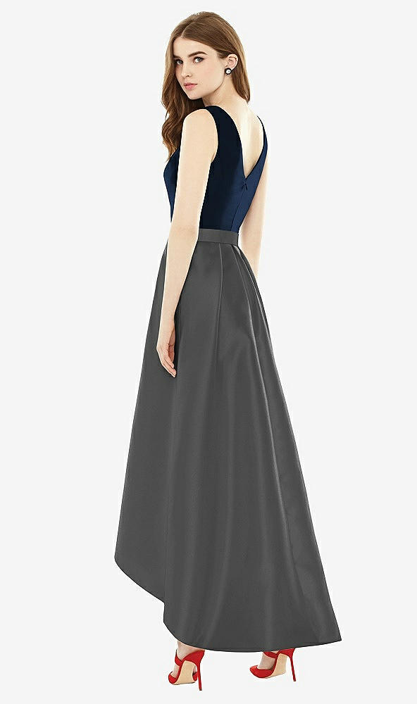 Back View - Pewter & Midnight Navy Sleeveless Pleated Skirt High Low Dress with Pockets