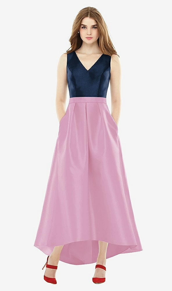 Front View - Powder Pink & Midnight Navy Sleeveless Pleated Skirt High Low Dress with Pockets