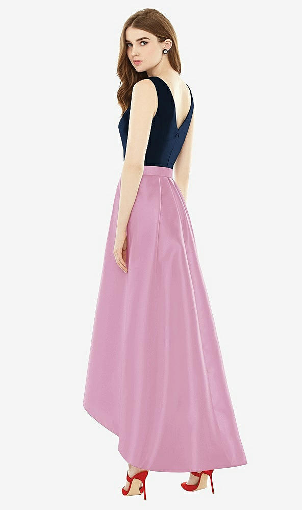 Back View - Powder Pink & Midnight Navy Sleeveless Pleated Skirt High Low Dress with Pockets