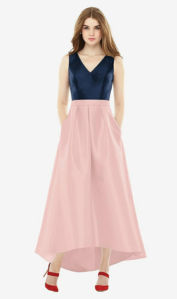 Front View - Rose - PANTONE Rose Quartz & Midnight Navy Sleeveless Pleated Skirt High Low Dress with Pockets