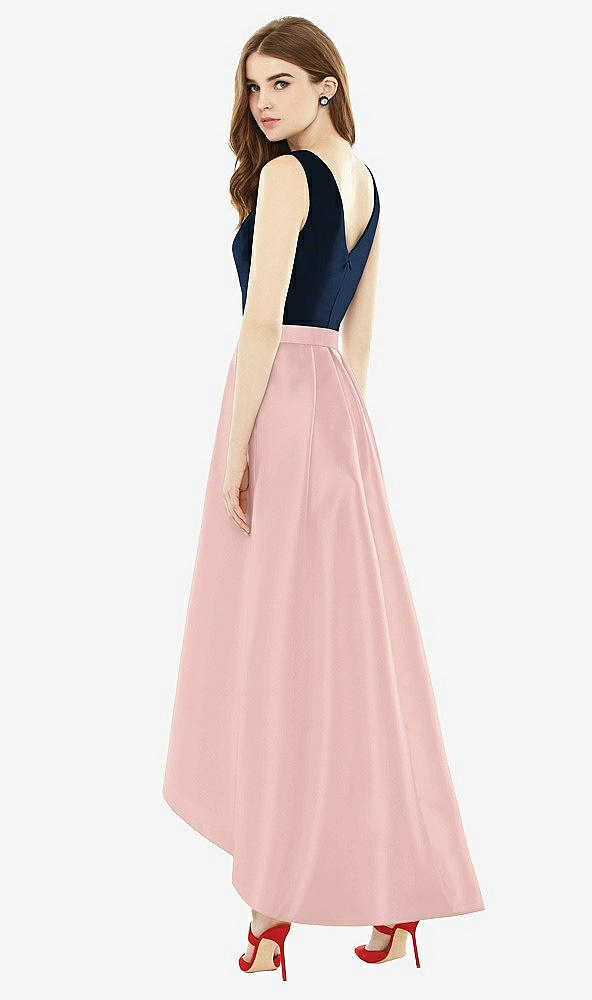 Back View - Rose - PANTONE Rose Quartz & Midnight Navy Sleeveless Pleated Skirt High Low Dress with Pockets