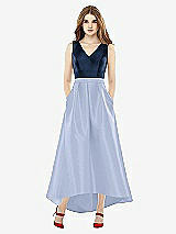 Front View Thumbnail - Sky Blue & Midnight Navy Sleeveless Pleated Skirt High Low Dress with Pockets
