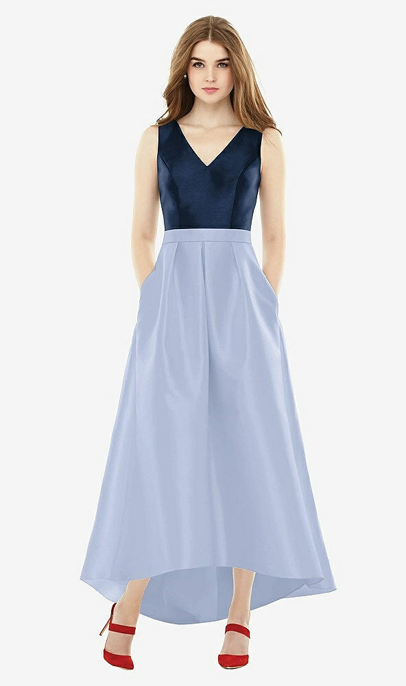 Front View - Sky Blue & Midnight Navy Sleeveless Pleated Skirt High Low Dress with Pockets