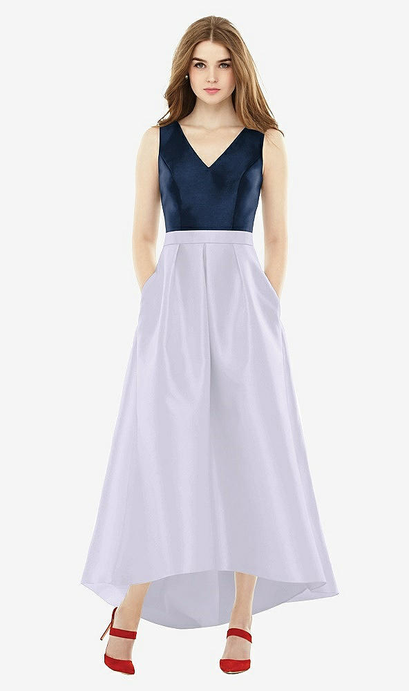 Front View - Silver Dove & Midnight Navy Sleeveless Pleated Skirt High Low Dress with Pockets