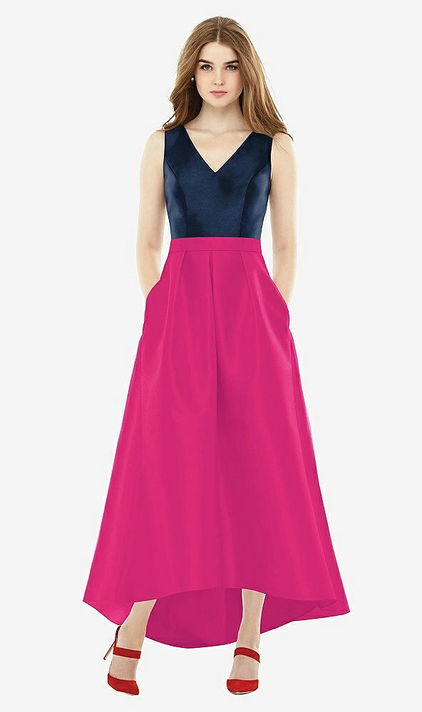 Front View - Think Pink & Midnight Navy Sleeveless Pleated Skirt High Low Dress with Pockets