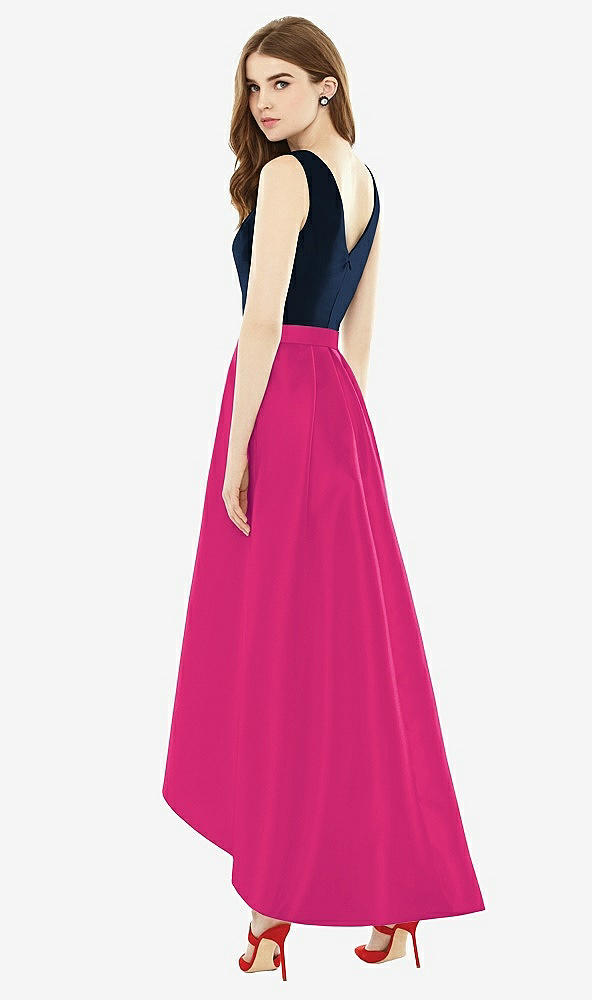 Back View - Think Pink & Midnight Navy Sleeveless Pleated Skirt High Low Dress with Pockets