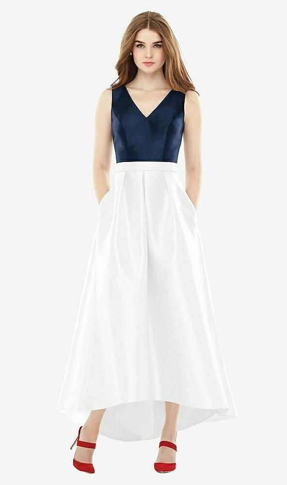 Front View - White & Midnight Navy Sleeveless Pleated Skirt High Low Dress with Pockets