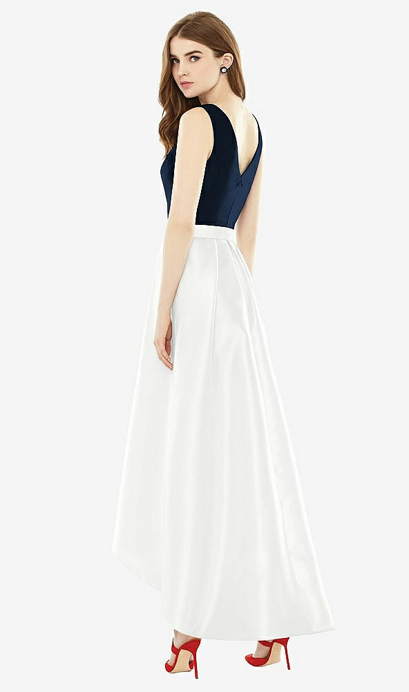 Back View - White & Midnight Navy Sleeveless Pleated Skirt High Low Dress with Pockets