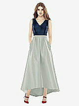 Front View Thumbnail - Willow Green & Midnight Navy Sleeveless Pleated Skirt High Low Dress with Pockets