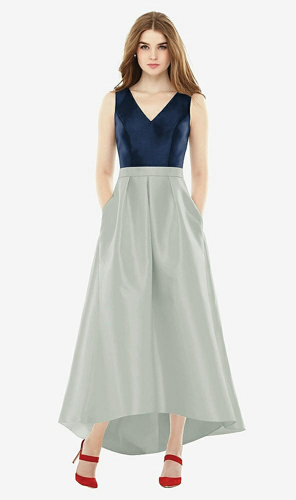 Front View - Willow Green & Midnight Navy Sleeveless Pleated Skirt High Low Dress with Pockets