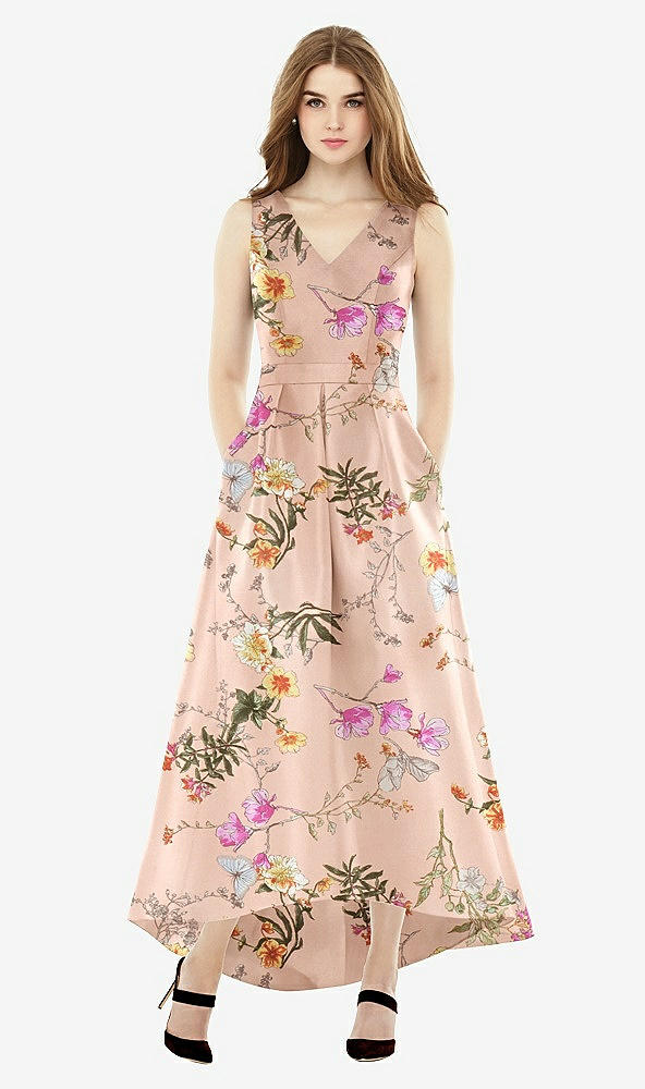 Front View - Butterfly Botanica Pink Sand Sleeveless Floral Satin High Low Dress with Pockets