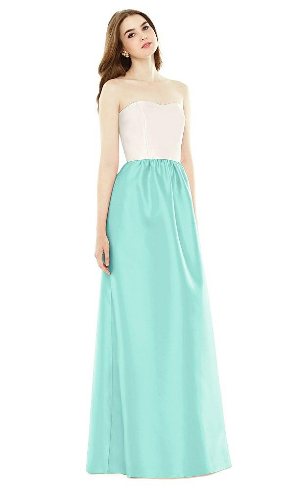 Front View - Coastal & Ivory Full Length Strapless Satin Twill dress with Pockets