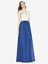 Front View Thumbnail - Classic Blue & Ivory Full Length Strapless Satin Twill dress with Pockets