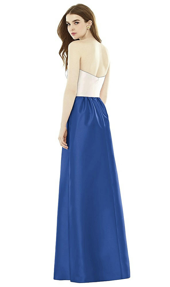 Back View - Classic Blue & Ivory Full Length Strapless Satin Twill dress with Pockets