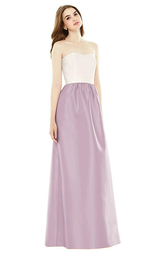 Front View - Suede Rose & Ivory Full Length Strapless Satin Twill dress with Pockets