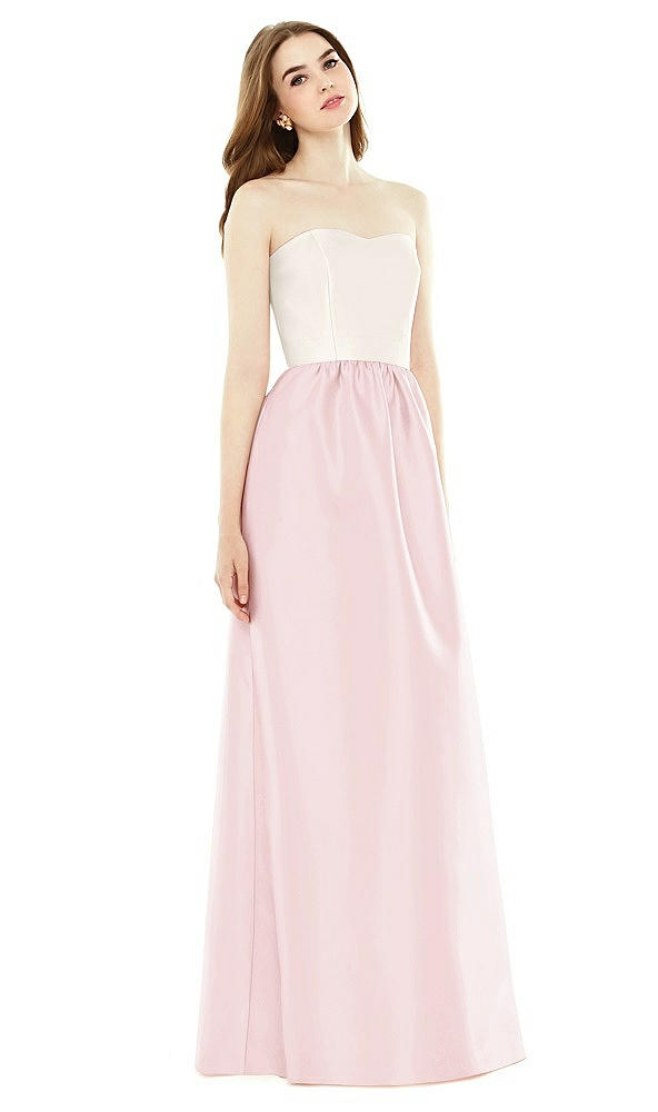Front View - Ballet Pink & Ivory Full Length Strapless Satin Twill dress with Pockets