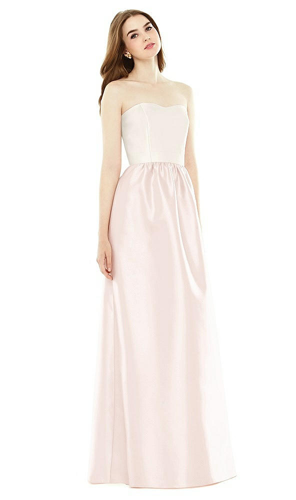 Front View - Blush & Ivory Full Length Strapless Satin Twill dress with Pockets
