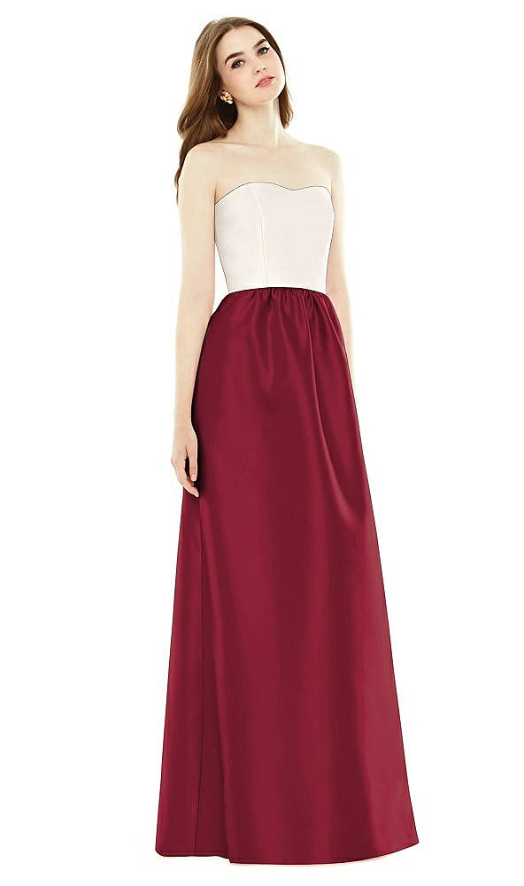 Front View - Burgundy & Ivory Full Length Strapless Satin Twill dress with Pockets