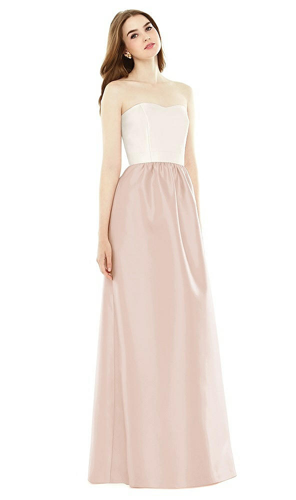Front View - Cameo & Ivory Full Length Strapless Satin Twill dress with Pockets