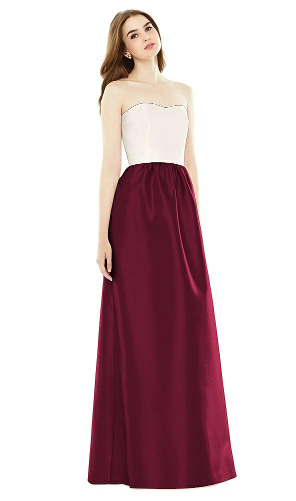 Front View - Cabernet & Ivory Full Length Strapless Satin Twill dress with Pockets