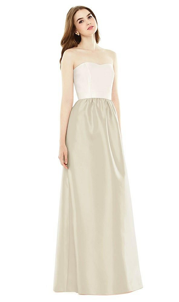 Front View - Champagne & Ivory Full Length Strapless Satin Twill dress with Pockets