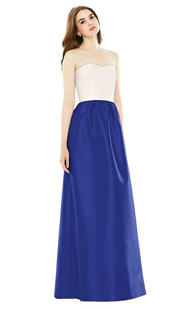 Front View - Cobalt Blue & Ivory Full Length Strapless Satin Twill dress with Pockets