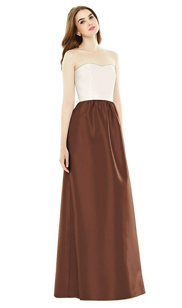 Front View - Cognac & Ivory Full Length Strapless Satin Twill dress with Pockets
