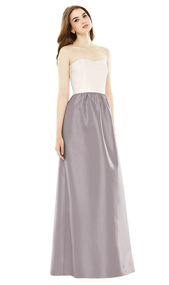 Front View - Cashmere Gray & Ivory Full Length Strapless Satin Twill dress with Pockets