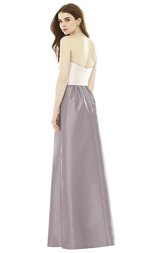 Back View - Cashmere Gray & Ivory Full Length Strapless Satin Twill dress with Pockets