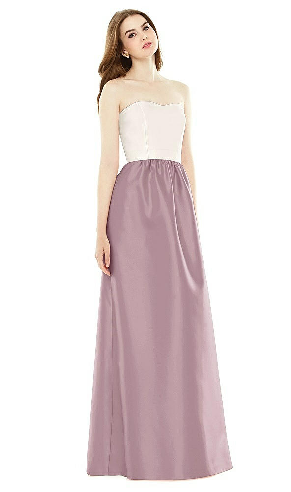 Front View - Dusty Rose & Ivory Full Length Strapless Satin Twill dress with Pockets
