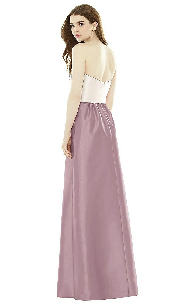 Back View - Dusty Rose & Ivory Full Length Strapless Satin Twill dress with Pockets