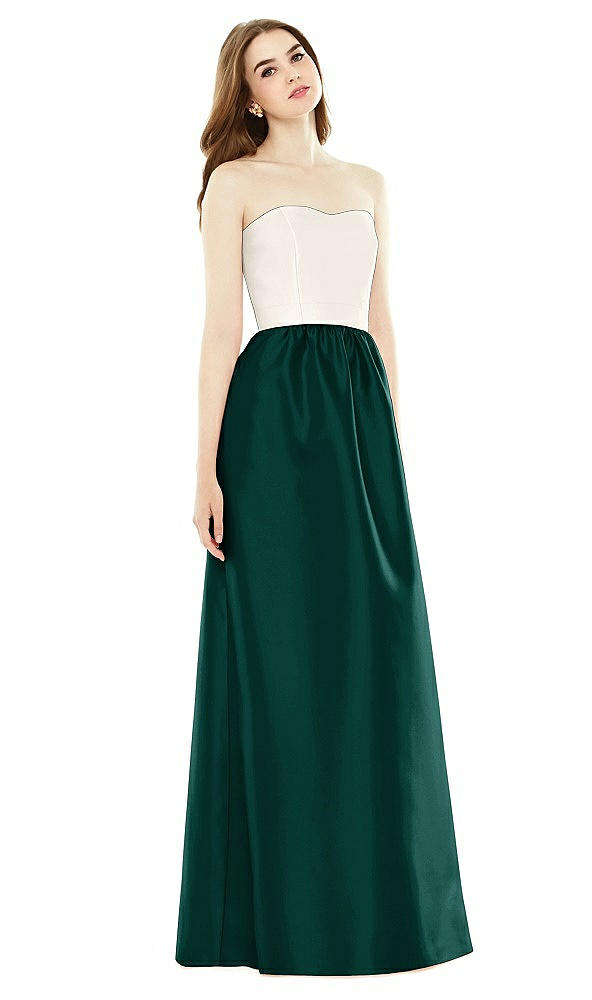 Front View - Evergreen & Ivory Full Length Strapless Satin Twill dress with Pockets