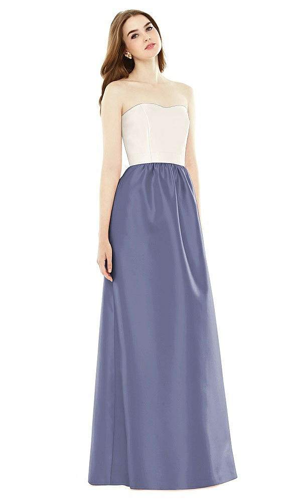 Front View - French Blue & Ivory Full Length Strapless Satin Twill dress with Pockets